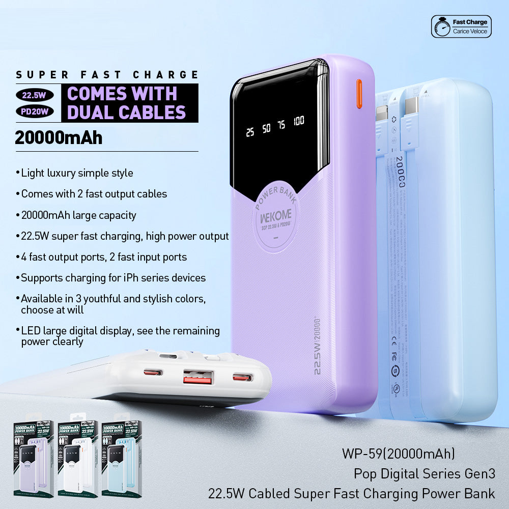 WEKOME WP-59 Pop Digital Series Gen3 20000mAh 22.5W Super Fast Charging Power Bank with Built-in Cable WEKOME WP-59 Pop Digital Series Gen3 20000mAh 22.5W Super Fast Charging Power Bank with Built-in Cable